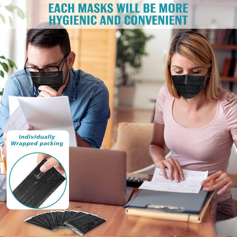 EHH Black Disposable Face Masks, Individually Wrapped, Breathable Face Mask for Men Women, 3- Ply, Comfortable Adult Masks with Adjustable Nose Wire & Elastic Ear Loop 50 Pcs, Black - Image 2